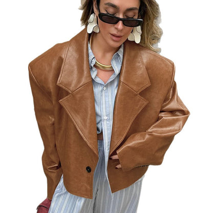 Suit Collar PU Leather Jacket Coat For Women