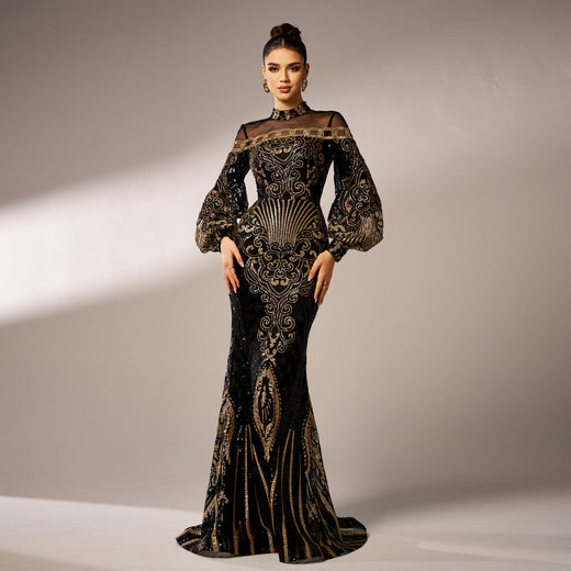 Long Sleeve Round Neck Sequins Mesh Fishtail Evening Dress