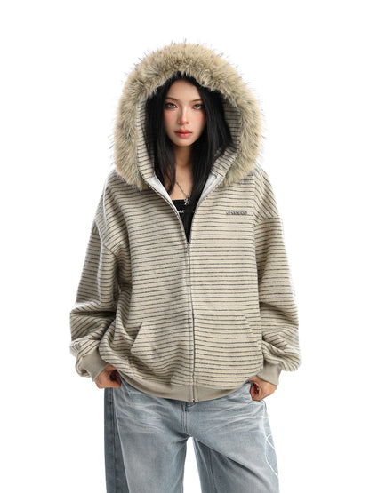 American Striped Detachable Big Fur Collar Hooded Sweater