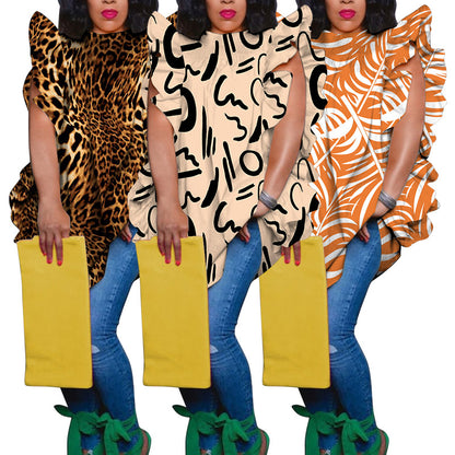 Women's Plus-Size Printed Crew-Neck Ruffle-Trim Loose-Fit Blouse