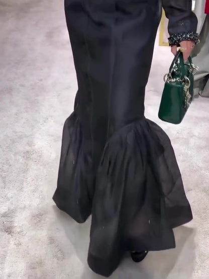 Black Structured Organza Mermaid Maxi Skirt