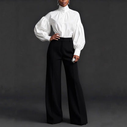 Stylish And Elegant Womens Pleated High-neck Blouse With Puffed Sleeves