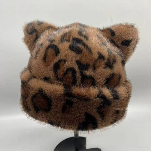 Japanese-style Leopard-print Bear-ear Plush Fisherman Hatcute Soft Warm Extra-thick And Lined With Plush