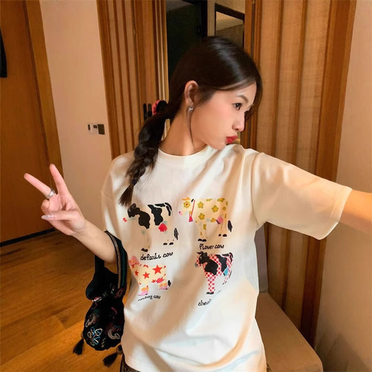 American Retro Cartoon Print Korean Version Loose Versatile Top