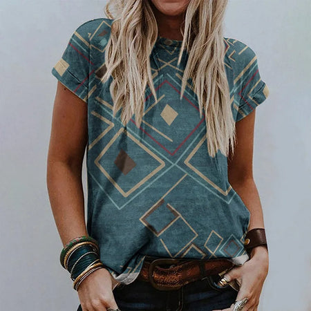 Women's Retro Floral-print Short-sleeve Top