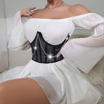 Mesh Spliced Chain Sexy Fishbone Steel Ring Waist Cincher