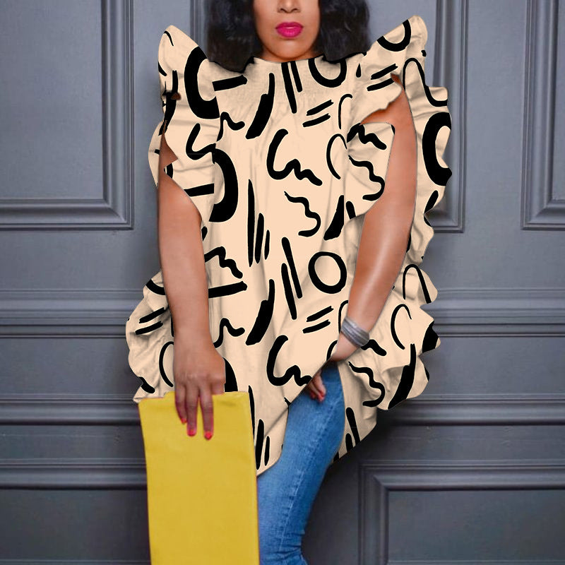 Women's Plus-Size Printed Crew-Neck Ruffle-Trim Loose-Fit Blouse