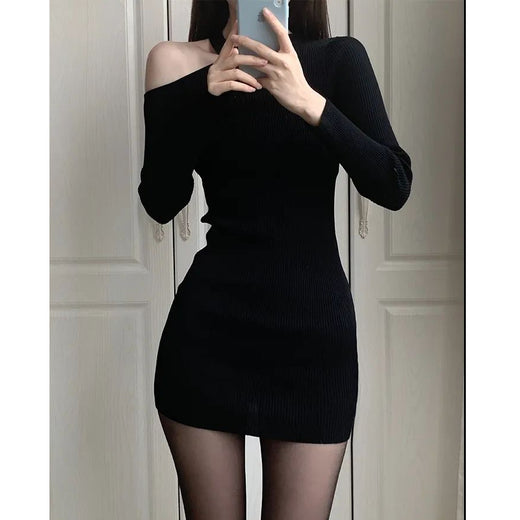 Bodycon Sheath Dress With Off The Shoulder Knit Design