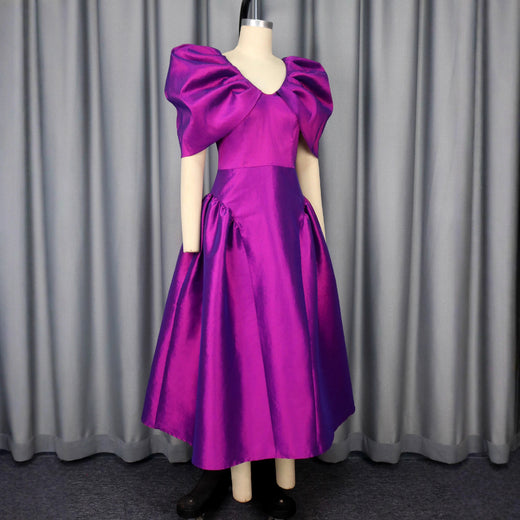 Puff Sleeve Evening Dress A Hem Pleated Banquet Dress