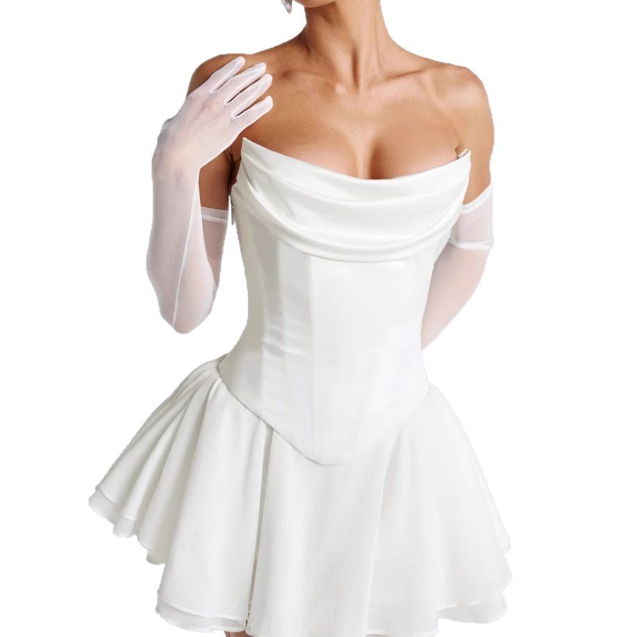 French Solid Color Tube Top Dress With Sleeves