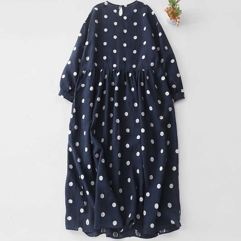 Artistic Retro Blue Polka-Dot Dress Crew-Neck Long-Sleeve French-Elegance Cotton-Linen Jumper Dress