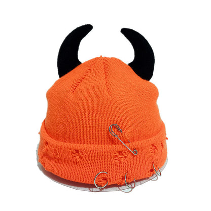 Knitted Wool Hat With Hole-decorated Gourd-shaped Devil-ear Pins