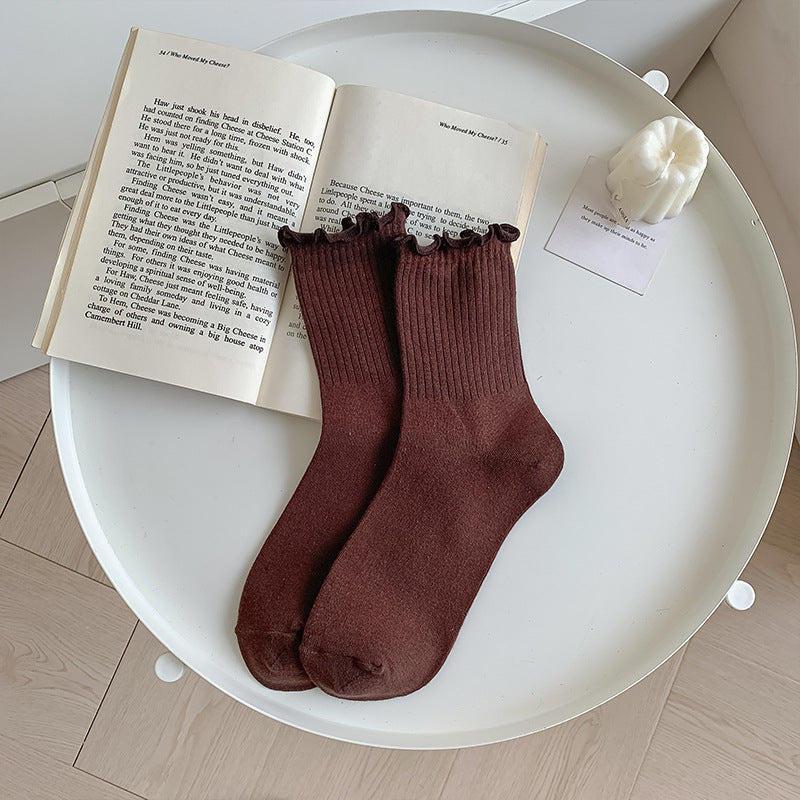 Solid-color Ruffle-trimmed Socks For Women