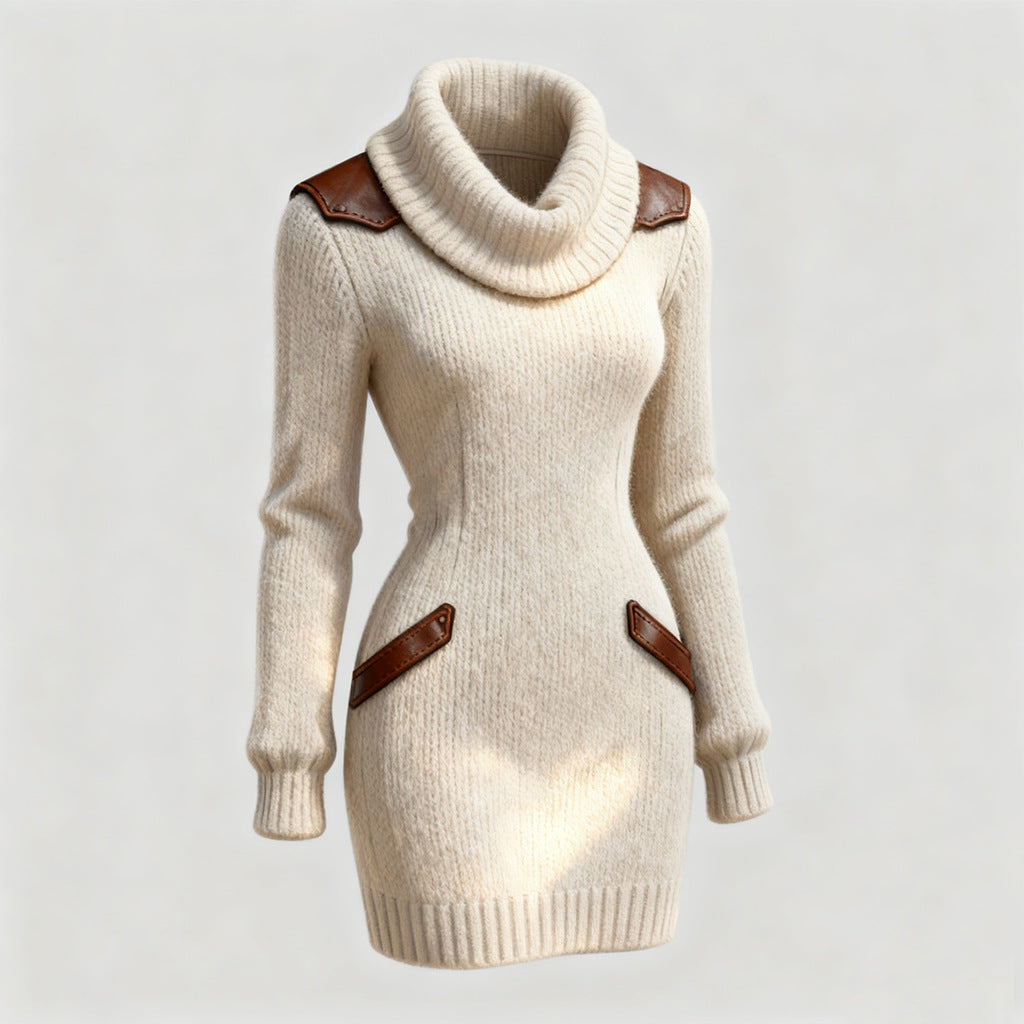 Casual Leather-Panelled Slim-Fit Turtleneck Knit Dress