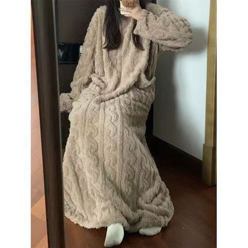 Winter Coral Fleece Sleepwear Women's Nightgown Long Night Dress Pajamas With Pockets Thickened Jacquard Dress Warm Home Clothes