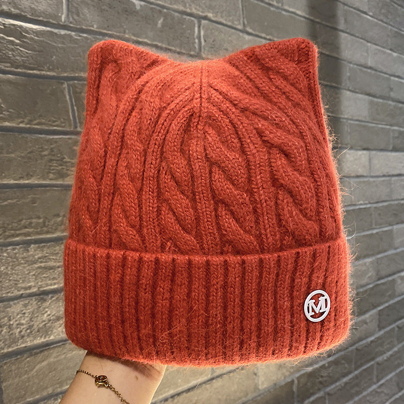 Cute Cat-ear Knitted Wool Warm Hat Versatile Face-slimming