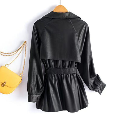 Women's Leather Clothing Large Size Loose Wind-breaker Waist Figure Flattering Leather Jacket