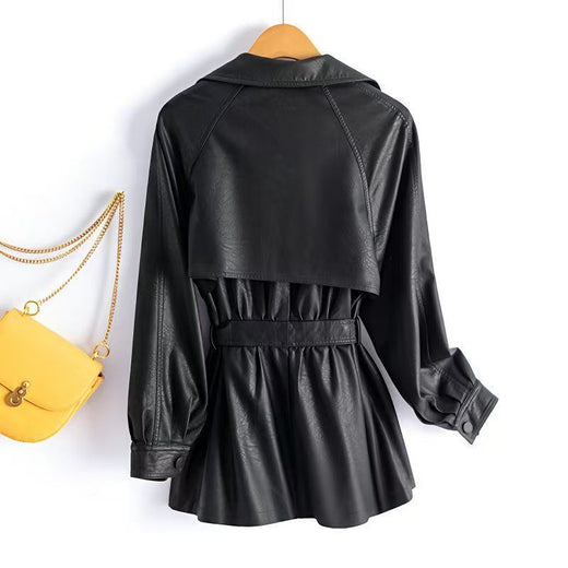 Women's Leather Clothing Large Size Loose Wind-breaker Waist Figure Flattering Leather Jacket