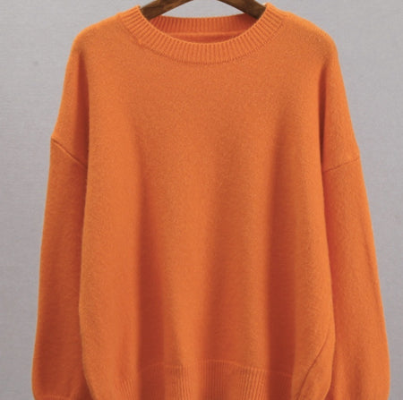 Womens Knitted Crew-neck Solid-color Loose Sweater
