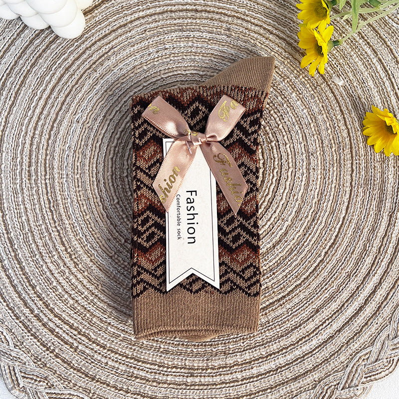 Double-Needle Dual-Channel Sweat-Absorbing Breathable Wireless Top Preppy-Style Mid-Calf Women's Socks