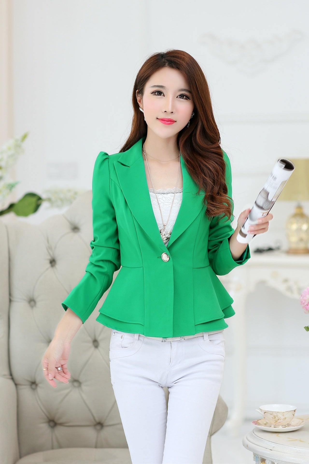 Women's Solid Color Korean Style Slim Fit Ruffled Coat