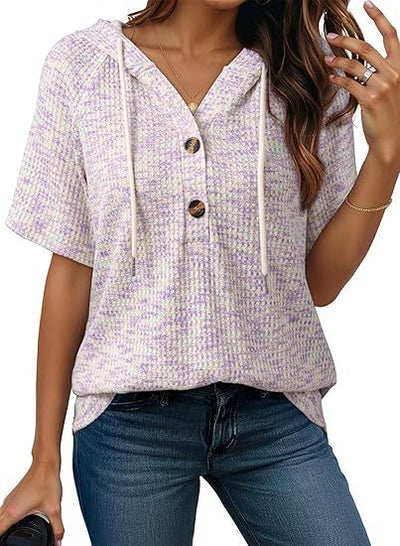 Short-sleeve Buttoned V-neck Waffle-knit Hooded Top