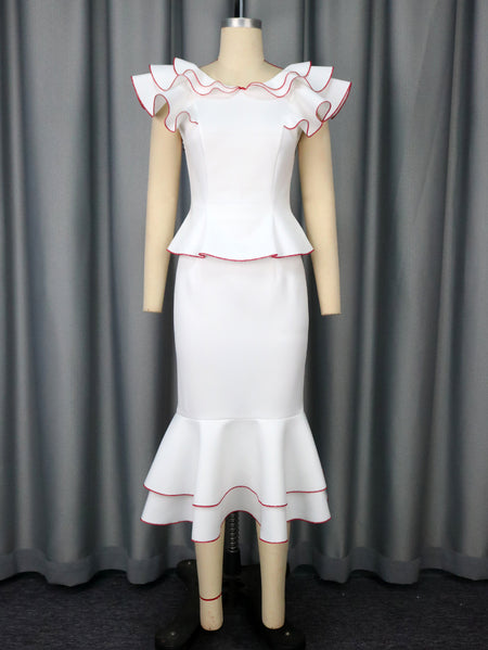 Women's Ruffled Contrast Color Top Temperament Slim Fishtail Skirt Suit