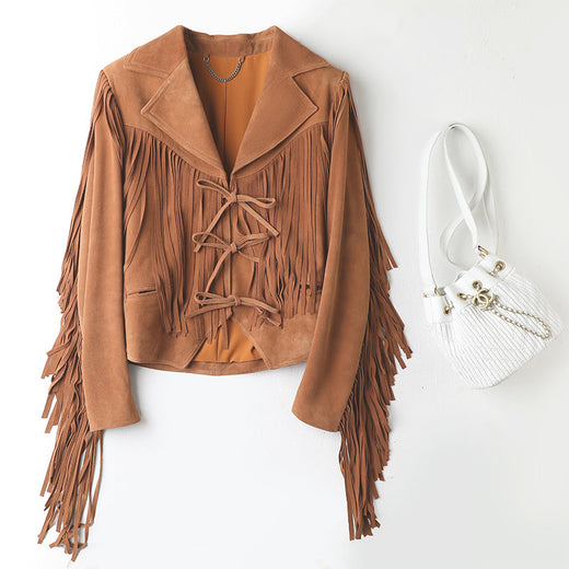 Genuine Leather Sheepskin Suede Lapel Tassel Motorcycle Short Jacket