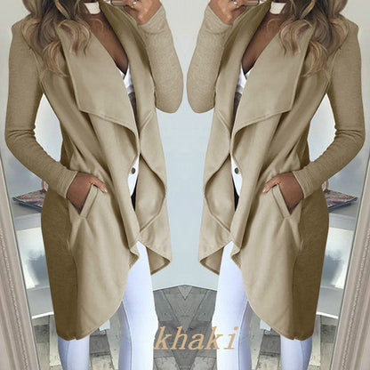 Women's Plus Size Solid Color Polo Collar Slim Fit Long Trench Coat