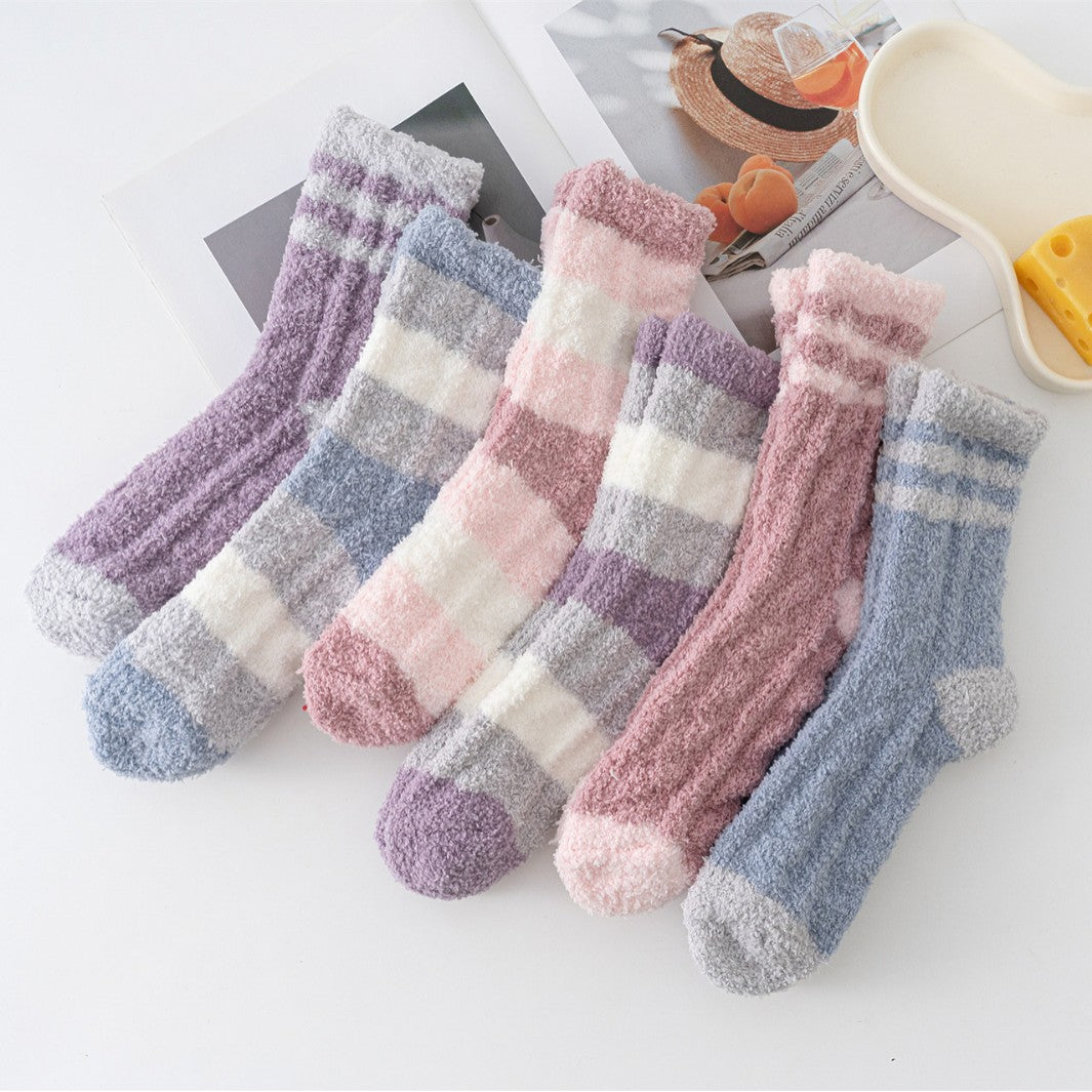 Striped Mid-calf Thickened Warm Coral Fleece Socks