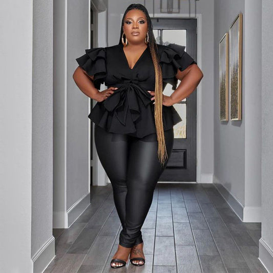 Women's Casual All-Match V-Neck Ruffle-Sleeve Pleated Blouse Top