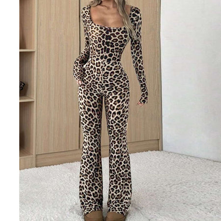 Women's Slim-fit Hip-wrapped Square Collar Leopard Print Jumpsuit