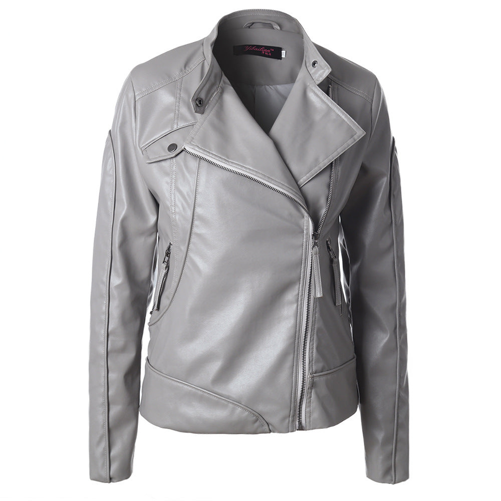 Stand Collar Side Zipper Leather Coat Motorcycle Jacket