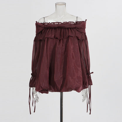 Retro Off-the-Shoulder Strap Bell-Sleeve Solid Color Chiffon Top