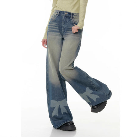 Retro Wide-leg Bow-tie Printed Washed Denim Jeans