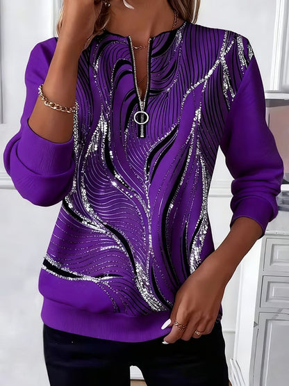 Womens Stylish Patchwork Striped Half-Zip Hoodie