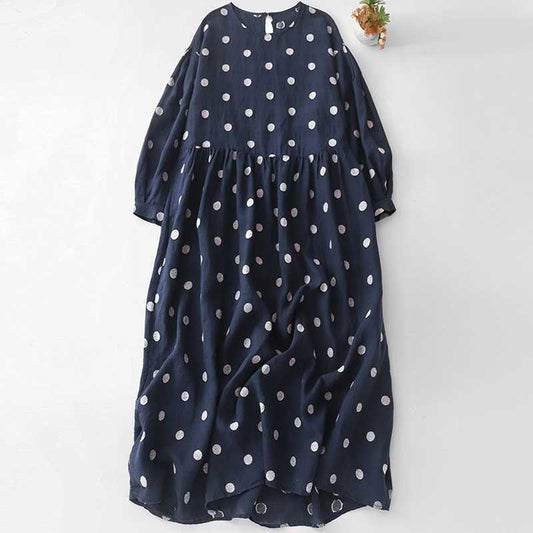 Artistic Retro Blue Polka-Dot Dress Crew-Neck Long-Sleeve French-Elegance Cotton-Linen Jumper Dress