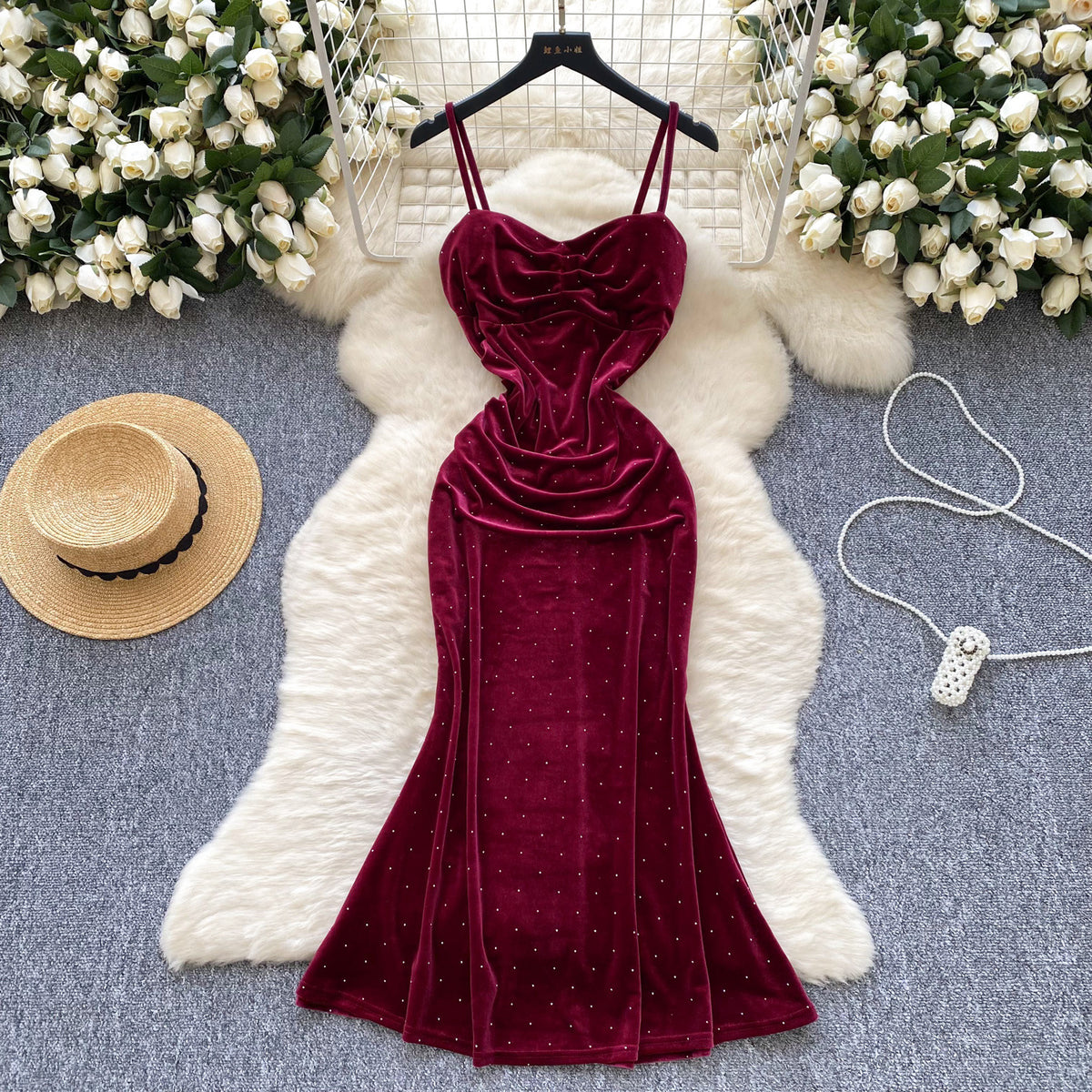 Women's Sexy Socialite Pleated Waist Tight Suspender Dress