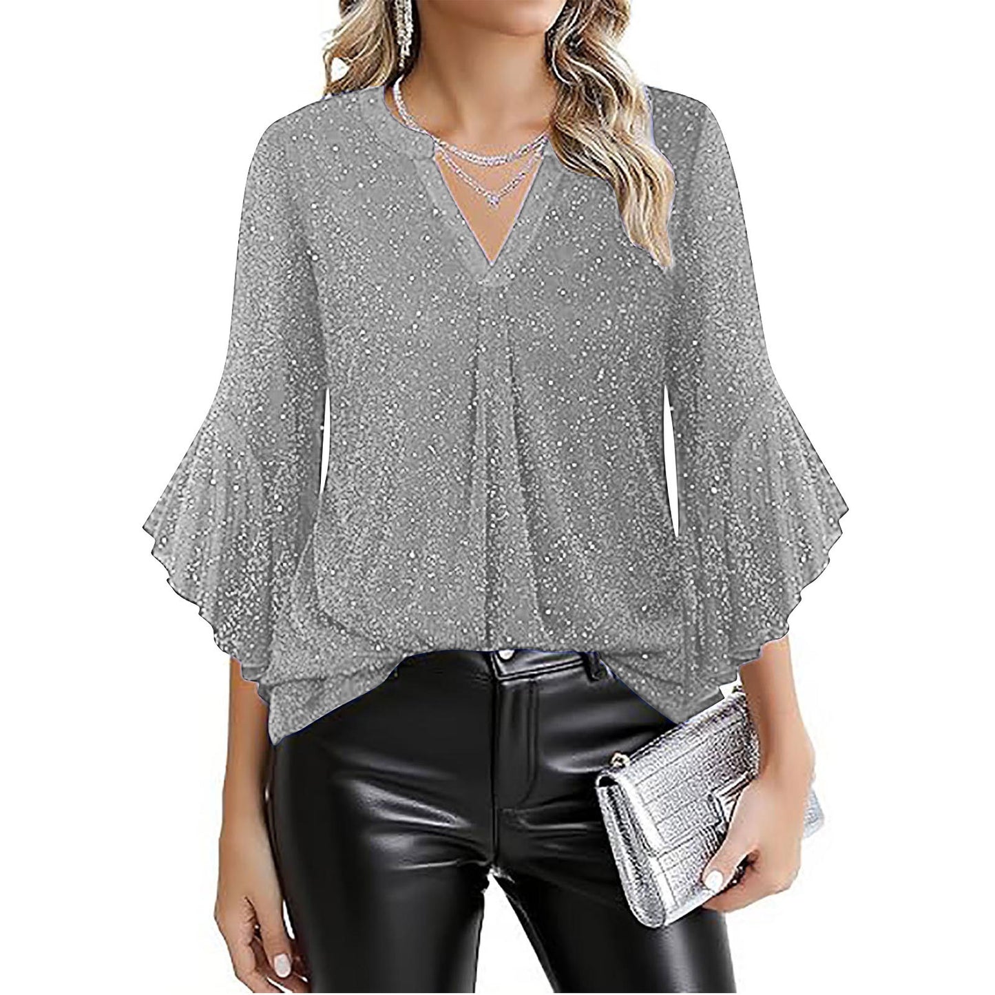 Womens Casual Silver-Thread Mesh V-Neck Petal Three-Quarter Sleeve Loose Top