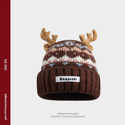 Women's Knitted Hat With Christmas Antlers Thick Warm And Adorable