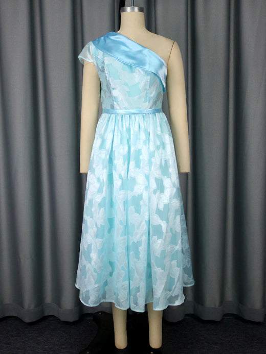 Women's Oblique Shoulder Contrast Color Evening Dress Jacquard Elegant Dress