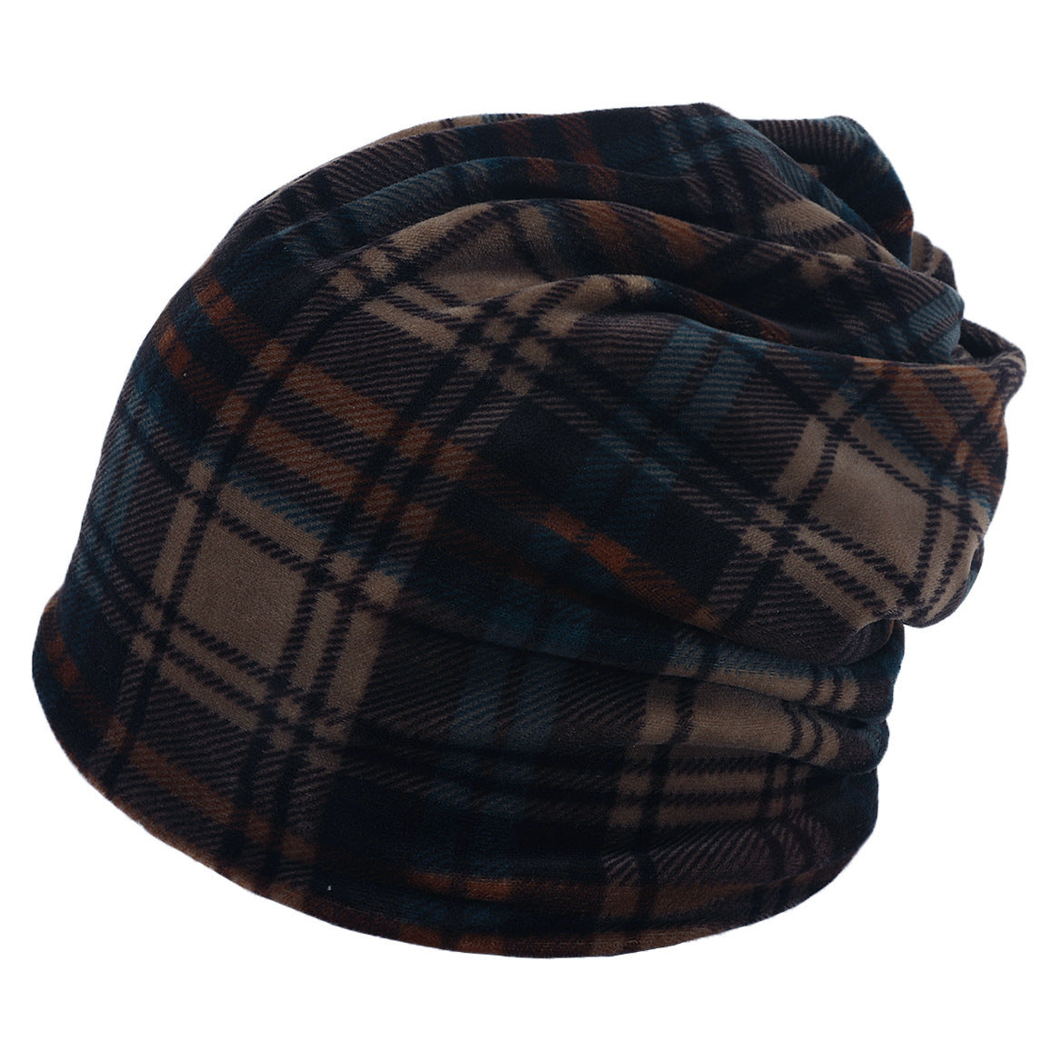 Double-layer Short-pile Bonnet With Multi-colored Plaid Pattern