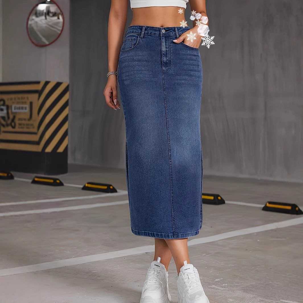 American-style Vintage Washed Color-block Bodycon Skirt