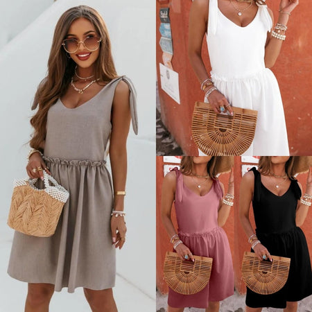 New Summer Sleeveless V-Neck Solid-Color Womens Dress
