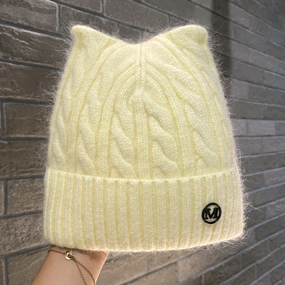 Cute Cat-ear Knitted Wool Warm Hat Versatile Face-slimming