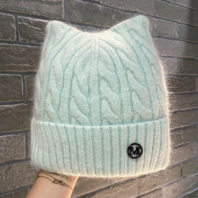 Cute Cat-ear Knitted Wool Warm Hat Versatile Face-slimming