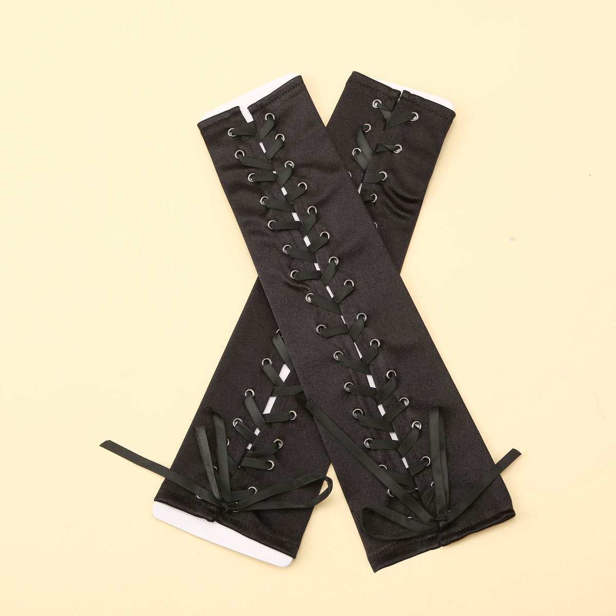 Long Black Satin Arm Sleeve Long For Wedding Lace-up Fingerless Gloves