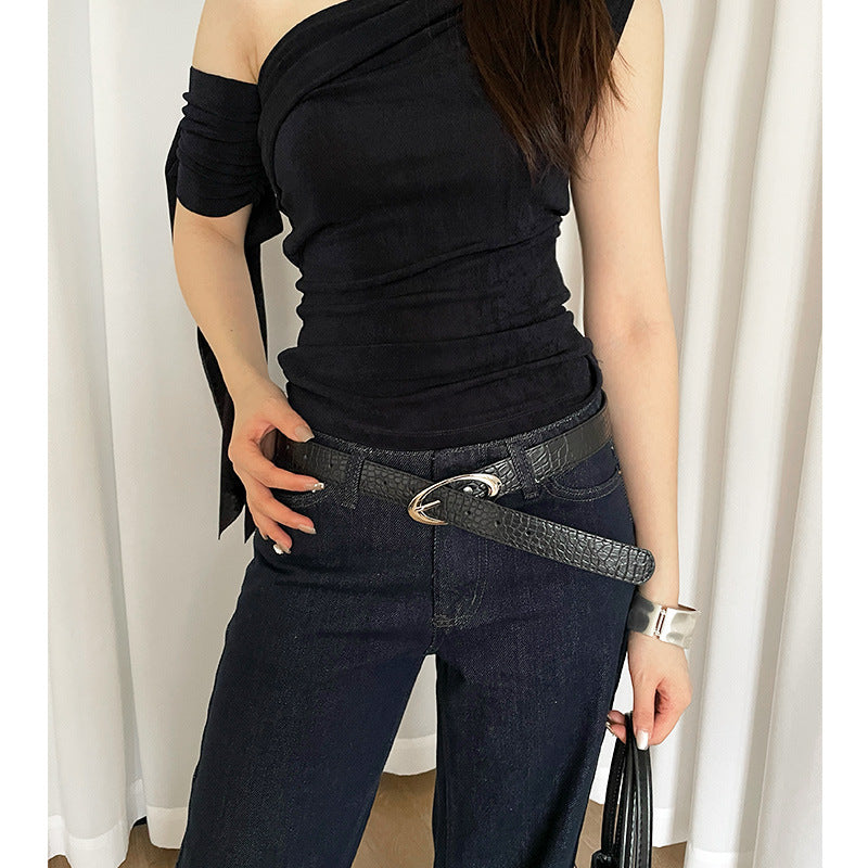 Fashion Lychee Pattern Belt Women's Oval Buckle Red High-grade All-matching