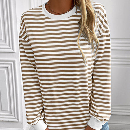 Navy Striped Crew-neck Long-sleeve Loose-fitting Top