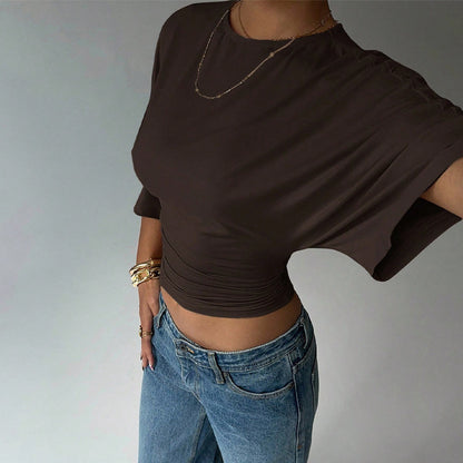 Women's Solid-Color Cropped Mid-sleeve T-shirt Short Fitted Top